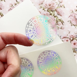 Zodiac Wheel Stickers on Clear Sticker Sheet, Holographic Option, Zodiac Signs, Astrology Stickers, Horoscope Stickers, Wicca Stickers