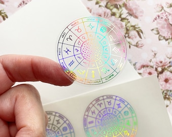 Zodiac Wheel Stickers on Clear Sticker Sheet, Holographic Option, Zodiac Signs, Astrology Stickers, Horoscope Stickers, Wicca Stickers