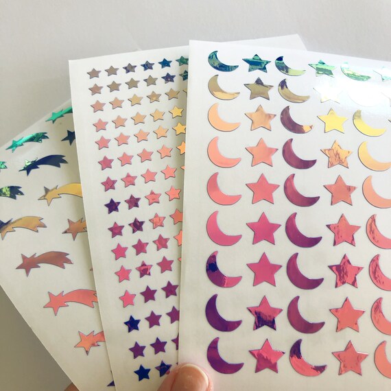 Set of 3 Sheets Blue Iridescent Moon and Star Stickers | Etsy