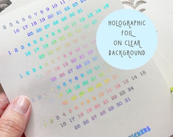 3mm Tiny Holographic Numbers 1-31 Stickers, Clear Background Calendar Stickers, BuJo Stickers, Tiny Stickers, Planner Stickers