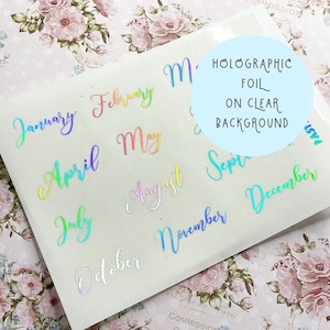 Medium Clear Holographic Month Stickers, Monthly Planner Stickers, Foiled Stickers, Schedule Stickers, BuJo Stickers