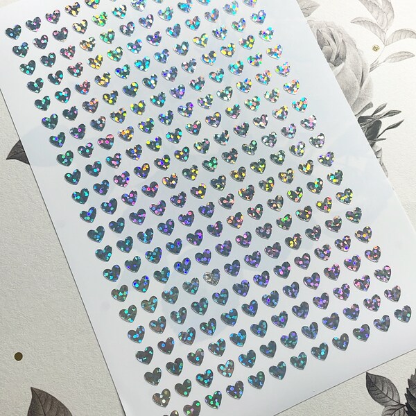 6mm Tiny Holographic SILVER Sparkly Heart Stickers, Glitter Vinyl Planner Stickers, Tiny Heart Stickers, Glittery Hearts Stickers
