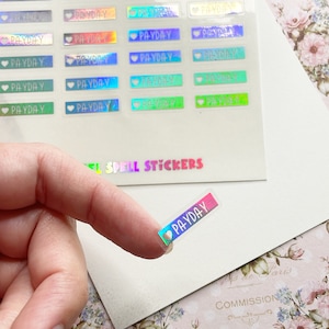 Clear Holographic Foiled Payday Stickers, 20x5mm Budget Stickers, Bullet Journal Stickers, Planner Stickers, Monthly Stickers