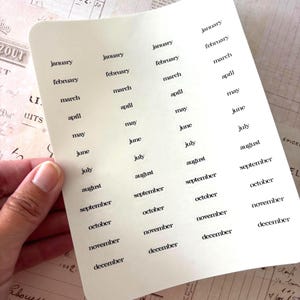 May include: A sheet of ivory-colored stickers with the months of the year printed in a simple black font. The stickers are arranged in columns and rows, perfect for planners and calendars.