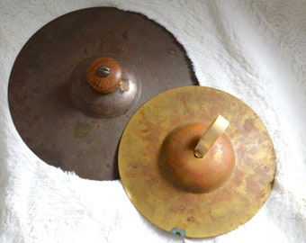 Antique Wood/Brass Hand Held Cymbal, Vintage Brass Cymbal, Lot of 2 Brass Cymbals, Percussion Instrument, Traditional Handheld Cymbals