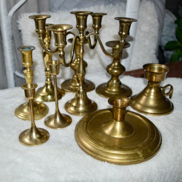 Graduated Brass Candlesticks, Skinny Stemmed Assorted Candle Holders, Brass Candle Holder Sets, Brass Vases, Assorted Vintage Brass Vases