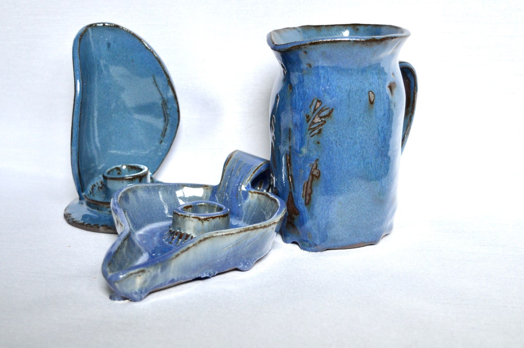 Hand Thrown Pottery Candle Holders, Hand Painted Water Jug, 3 Pieces ...
