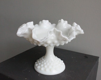 Vintage Ruffled Rim Hobnail Milk Glass Dish