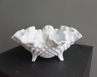 Vintage Ruffled Rim Hobnail Milk Glass Bowl