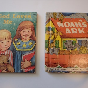 Christian Books for Children, Elf book, Rand McNally,, Good Loves Me 1961, Noah&#39;s Ark 1946, Craft supply/Repurposing