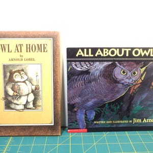 May include: Two children's books are displayed. "Owl at Home" by Arnold Lobel features an owl illustration. "All About Owls" by Jim Arnosky shows a detailed owl illustration. Both books are on a green grid surface.