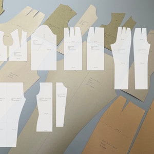 Peut inclure: Un ensemble de patrons de couture pour un vêtement. Les patrons sont imprimés sur du papier blanc et sont disposés sur une surface brune. Les patrons comprennent des pièces pour le devant, le dos, les manches et le pantalon.