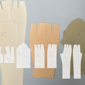 Peut inclure: Un ensemble de patrons de couture pour un vêtement. Les patrons sont en papier brun et blanc et comprennent des pièces pour le devant, le dos, les manches et d'autres parties du vêtement. Les patrons sont étiquetés avec des instructions manuscrites.