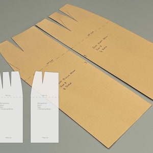 以下が含まれることがあります： スカート用の白い紙の裁縫パターンが2つあり、「スカートブロックフロント」と「スカートブロックバック」とラベル付けされています。パターンは、茶色の紙の背景に、「袖なしブラウスフロント」のパターンの手書きの説明があります。