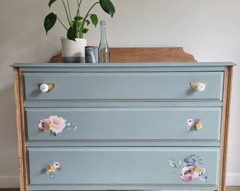 SOLD**Blue Vintage Chest of Drawers/ Farmhouse/ Floral/ Flowers