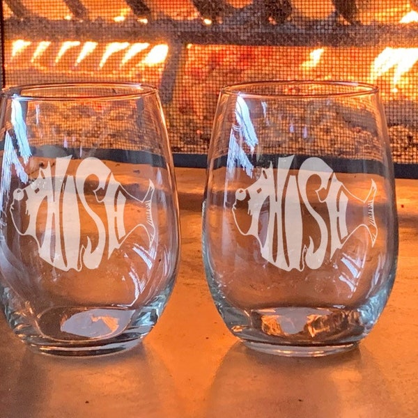 Set of 2 Etched PHISH  Stemless Wine Glasses Bar Dad Gift Father's Mother's Day  Christmas 40th 50 60 for him