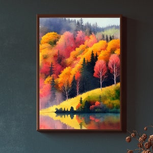 Feuillage d’automne nature paysage Imprimable Wall Art ou carte de vœux télécharger arbres lac brouillard automne couleurs impression numérique Aquarelle peinture