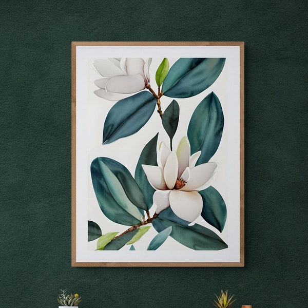 Botanical floral magnolia bloom vintage print Printable Wall Art Greeting card digital download minimalism mid-century Watercolor painting