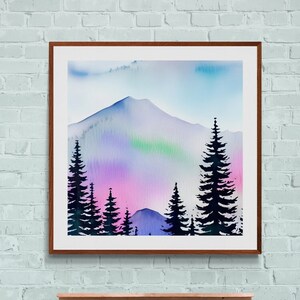 Arte de parede para impressão ou cartão de felicitações, download minimalista, pinheiros, montanhas, paisagem, cores pastel, impressão, fazenda, pintura em aquarela