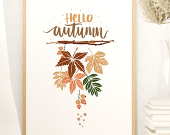Happy Thanksgiving Printable Wall Art or Greeting card, download autumn leaves print, Rustic fall farmhouse Watercolor painting autumn decor