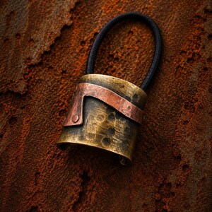 May include: A hair tie featuring a cylindrical brass cuff with a hammered, distressed finish. A curved copper strip is attached to the front of the brass cuff with a visible rivet. The elastic band is black and circular, attached to the metal component.