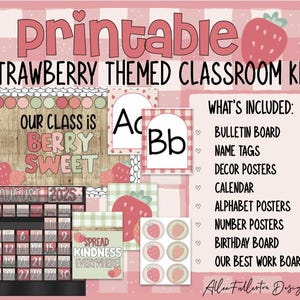 Könnte beinhalten: Ein druckbares Klassenzimmer-Set mit Erdbeermotiv, das ein Schild mit der Aufschrift Our Class Is Berry Sweet, Alphabetkarten, einen Kalender für August 2025 und Poster mit dem Text Spread Kindness Everywhere enthält. Inklusive Inhaltsliste.