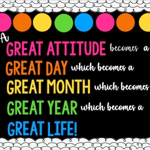 May include: A black chalkboard with a white border and colourful circles at the top. The text on the chalkboard reads: "A GREAT ATTITUDE becomes a GREAT DAY which becomes a GREAT MONTH which becomes a GREAT YEAR which becomes a GREAT LIFE!"
