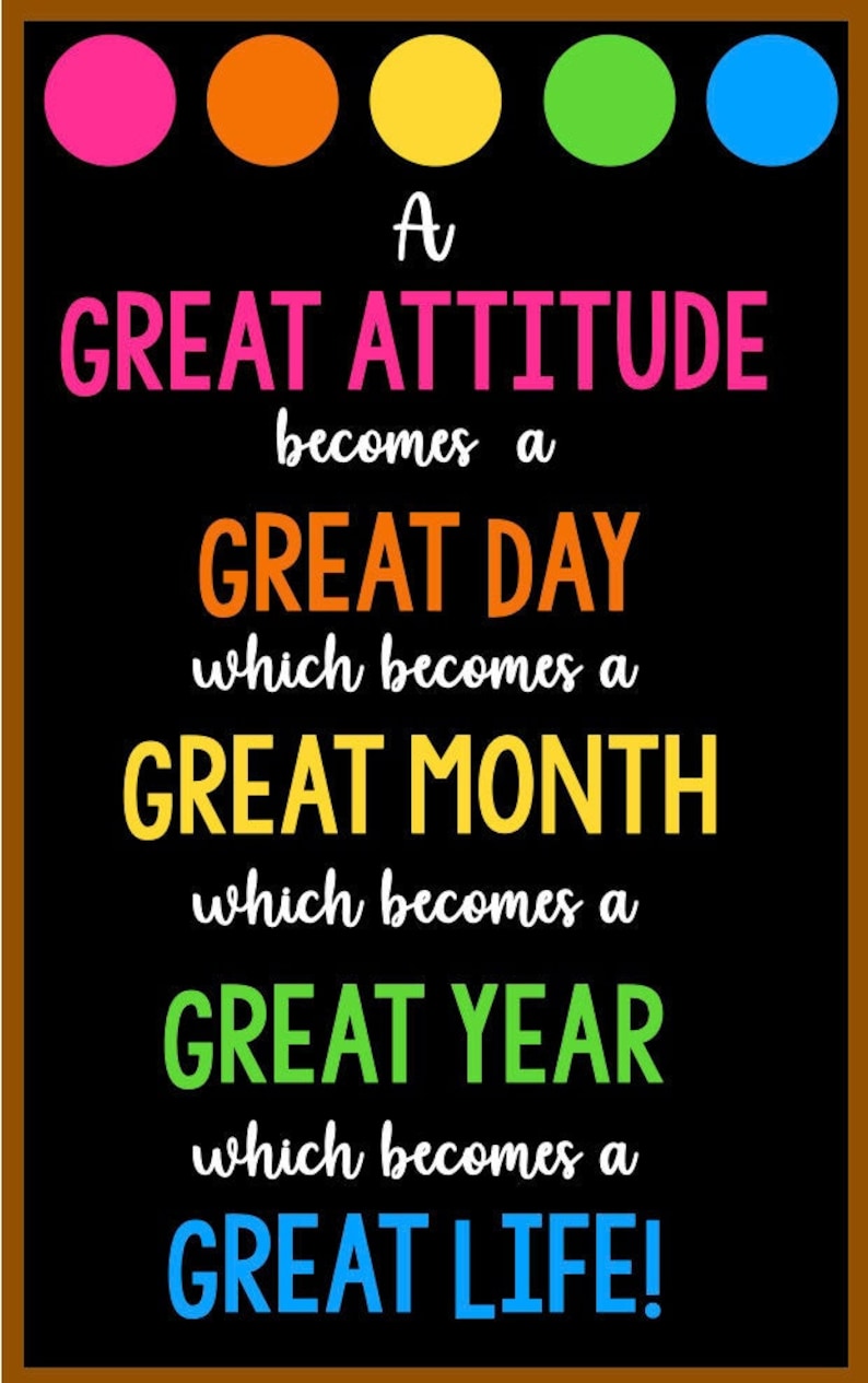 May include: A motivational quote on a black background with a brown frame. The quote reads "A GREAT ATTITUDE becomes a GREAT DAY which becomes a GREAT MONTH which becomes a GREAT YEAR which becomes a GREAT LIFE!" The quote is written in a white font with each line in a different colour: pink, orange, yellow, green, and blue.