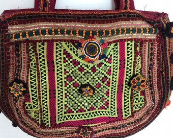 Large genuine leather Kuchi Banjara Ethnic Embroidery Mirrors Handmade Tribal Afghan Boho Shoulder Different Sides Bag.