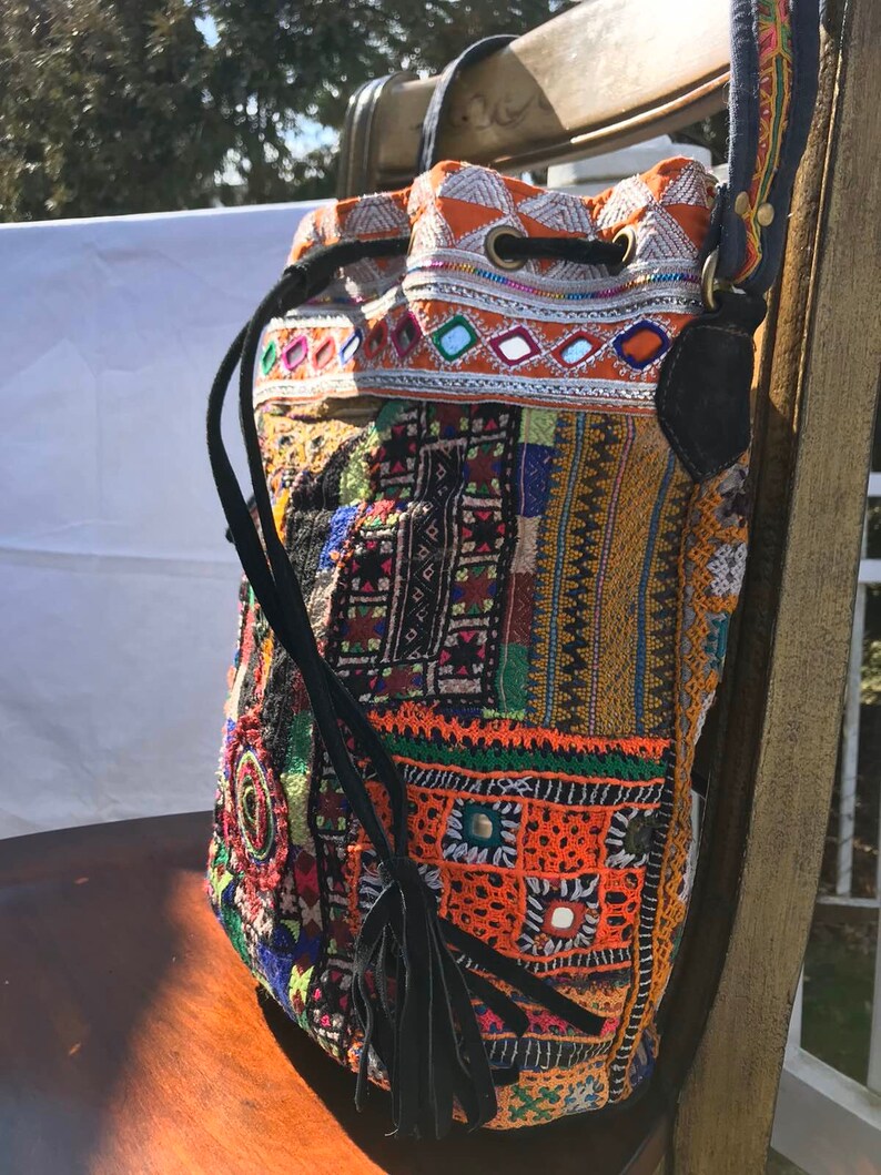 Large genuine leather Kuchi Banjara Ethnic Embroidery Mirrors Handmade Tribal Afghan Boho Shoulder Different Sides Bag.
