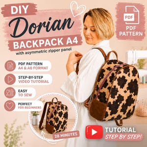 Puede incluir: Una mujer modela una mochila con estampado marrón y negro con detalles de cuero marrón. La mochila es un proyecto de bricolaje, con el texto "Dorian BACKPACK A4" y "PDF PATTERN" visibles. La imagen también incluye el texto "Easy to Sew" y "Step-by-Step Video Tutorial."