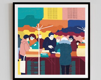 Illustration Markets 1/4 - 30x30cm crowd · colorful · Cheese · Food · Life scene · square