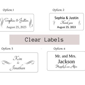 May include: Four different options for wedding favor labels. The first two options feature the names "Sophia & Justin" and the date "August 25, 2023". The third option features the names "Kim & Jonathan". The fourth option features the text "Mr. and Mrs. Jackson" and "Happily Ever After".
