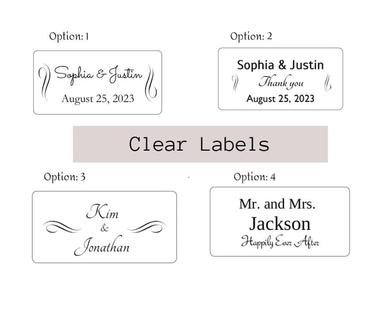 May include: Four different options for wedding favor labels. The first two options feature the names "Sophia & Justin" and the date "August 25, 2023". The third option features the names "Kim & Jonathan". The fourth option features the text "Mr. and Mrs. Jackson" and "Happily Ever After".