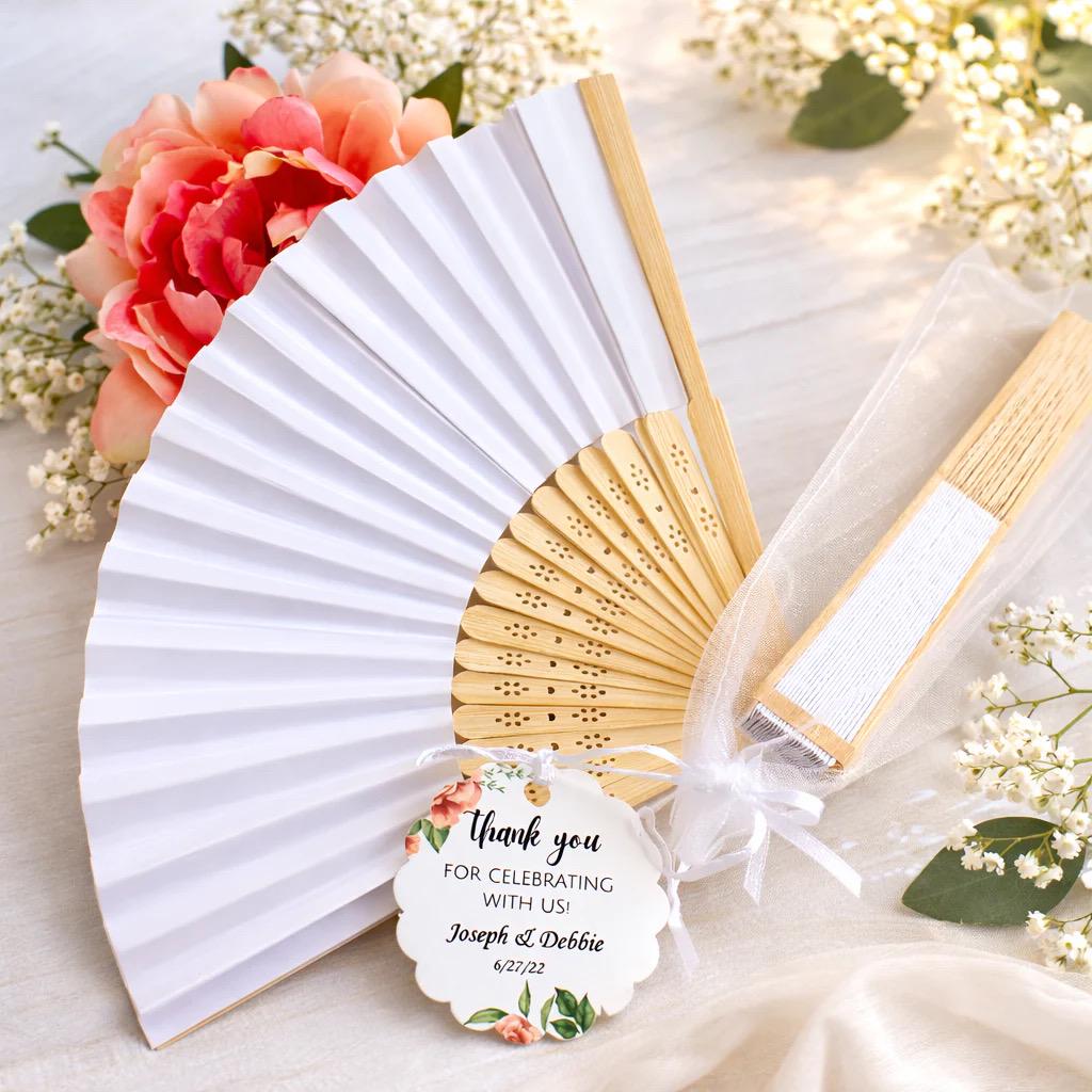 Personalized Hand Fan Wedding Favors, Bamboo & White Chiffon Bags