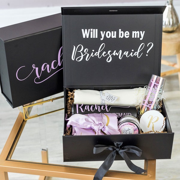 Bridesmaid Proposal Gift Box Set or Maid of Honor can include Bridal Robe, Tumbler, Pasmina, Necklace, Candle, Compact, Champagne Flute.