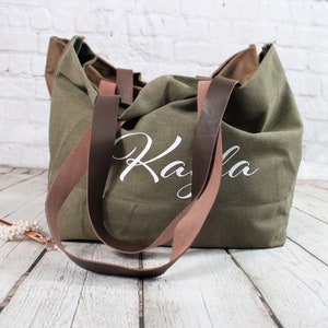 Personalized Tote Bag/Bridesmaid Tote Bag/Canvas Bag with Leather Straps/Tote bag with intial