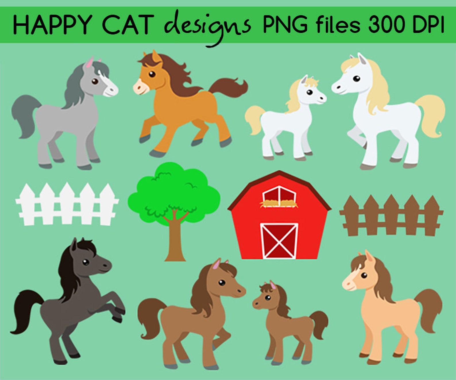Cute Farm Horses Clip Art Set PNG Files 300 DPI Commercial Etsy