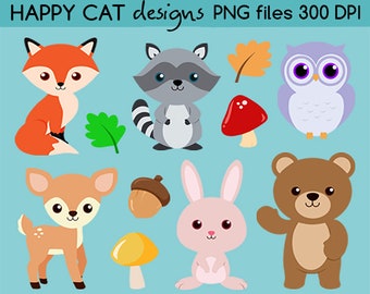 Cute Woodland Animals Clip Art Set Digital PNG files 300 DPI - Commercial Small Business Use