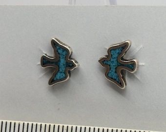 Dove in Flight Stud Earrings with a Turquoise Inlay 9mm wide