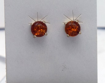 7mm Baltic Amber Cabochon Studs in Sterling Silver Setting - Handmade Translucent Gemstone Earrings