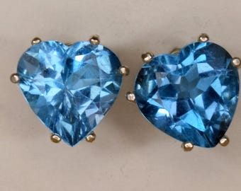 Swiss Blue Topaz Heart Stud Earrings - 9mm Sterling Silver 6-Prong Basket Setting November Birthstone