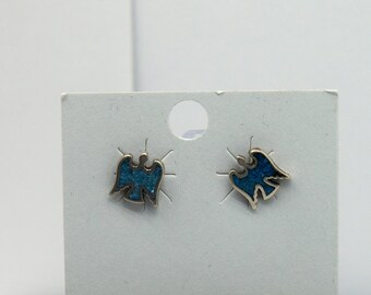 Native American Thunderbird Turquoise Inlay Sterling Silver Earrings - Handmade Bohemian Petroglyph Studs