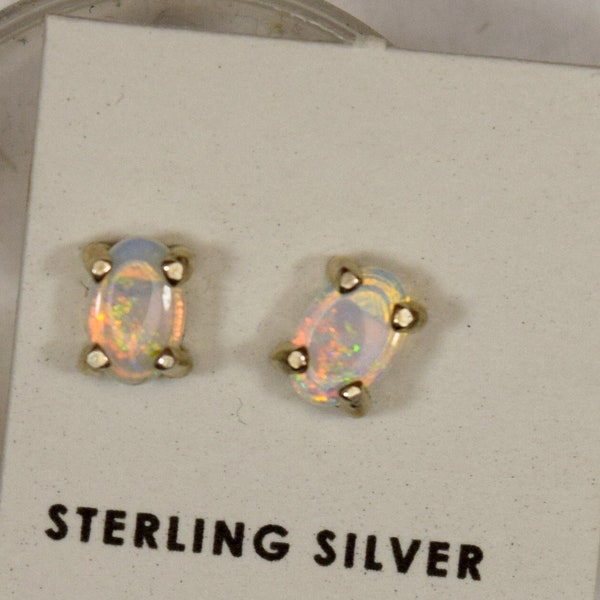 Natural Australian Opal Earrings 6x4 mm Cabochon Prong Sterling Silver Opal Studs Stud Earrings