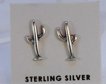 Handmade Sterling Silver Saguaro Cactus Stud Earrings - Southwestern Desert Plant Jewelry