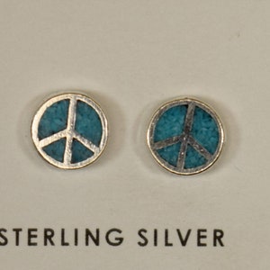 Peace Sign Earrings Sterling Silver Turquoise Inlay Stud Earrings 7 mm wide image 1