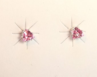 Dainty 3mm Pink Tourmaline Trillion Cut Studs - Sterling Silver 6-Prong Faceted Earrings