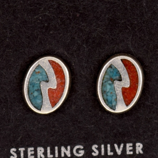 Boucles d’oreilles Lightning Bolt Stud Split Ovales Boucles d’oreilles Sterling Silver Turquoise Inlay et Coral inlay Stud Boucles d’oreilles 8 mm Lightning Stud Boucles d’oreilles