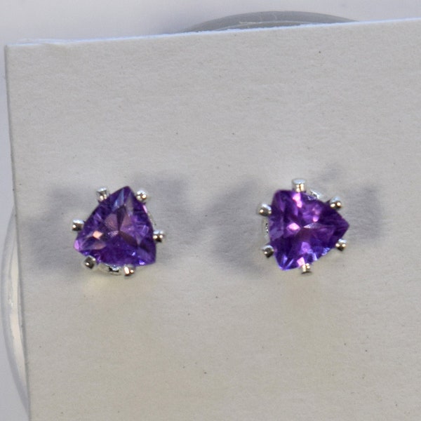 Amethyst Trillion Cut Faceted 4 mm  Sterling Silver 6-prong Stud Earrings