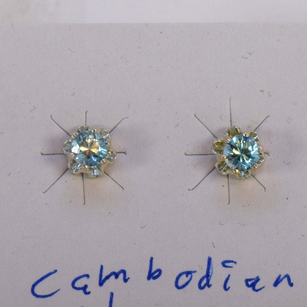 4 mm Cambodian Blue Zircon Earrings Round Cut Faceted in a Buttercup Sterling Silver Setting